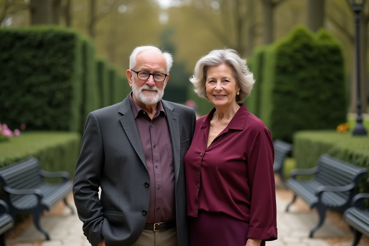Couple mature dans un jardin parisien, homme et femme côte à côte symbolisant une relation amoureuse durable et complice
