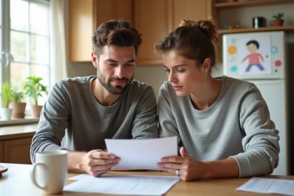 Jeune couple attentif &agrave; des documents sur la parentalit&eacute;