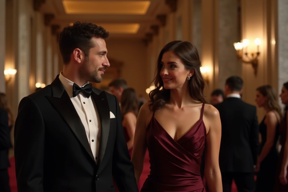 Couple sophistiqué en tenue de soirée lors d'une réception élégante, illustrant l'aura mystérieuse entourant le mari de Noémie Wira