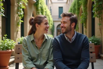 Couple complice et détendu assis dans une cour intérieure urbaine, évoquant la vie personnelle et la relation amoureuse de Juliette Plumecocq-Mech