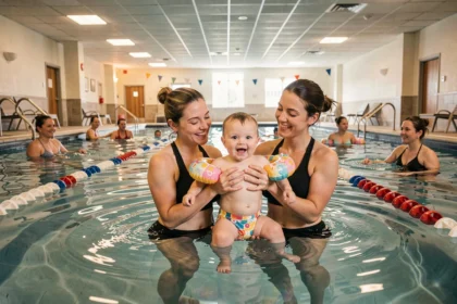 Séance de bébé nageur dans une piscine intérieure en Bourgogne-Franche-Comté avec des nourrissons accompagnés de leurs parents