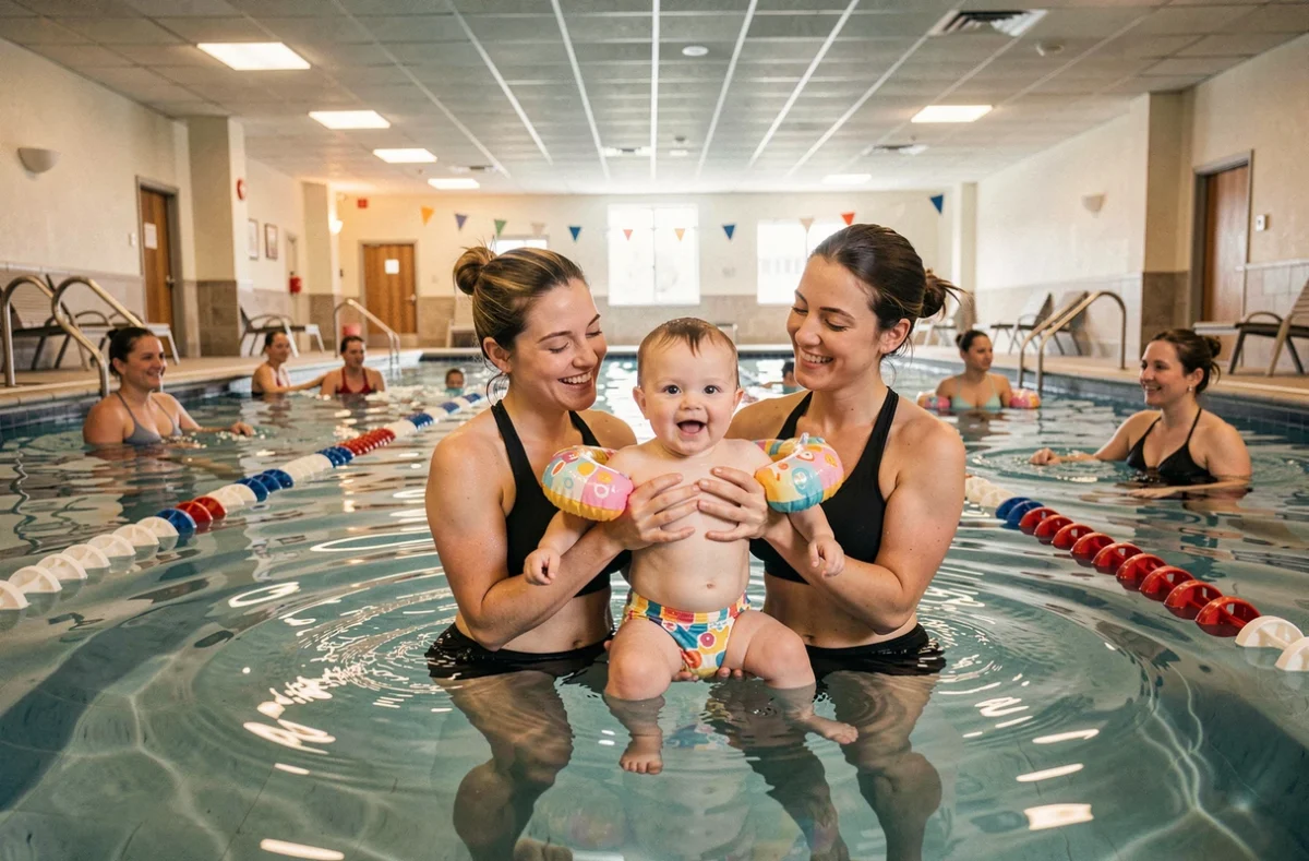Séance de bébé nageur dans une piscine intérieure en Bourgogne-Franche-Comté avec des nourrissons accompagnés de leurs parents