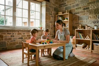Éducatrice en crèche Bourgogne-Franche-Comté jouant avec des tout-petits dans une salle de jeux chaleureuse aux murs en pierre typiques de la région