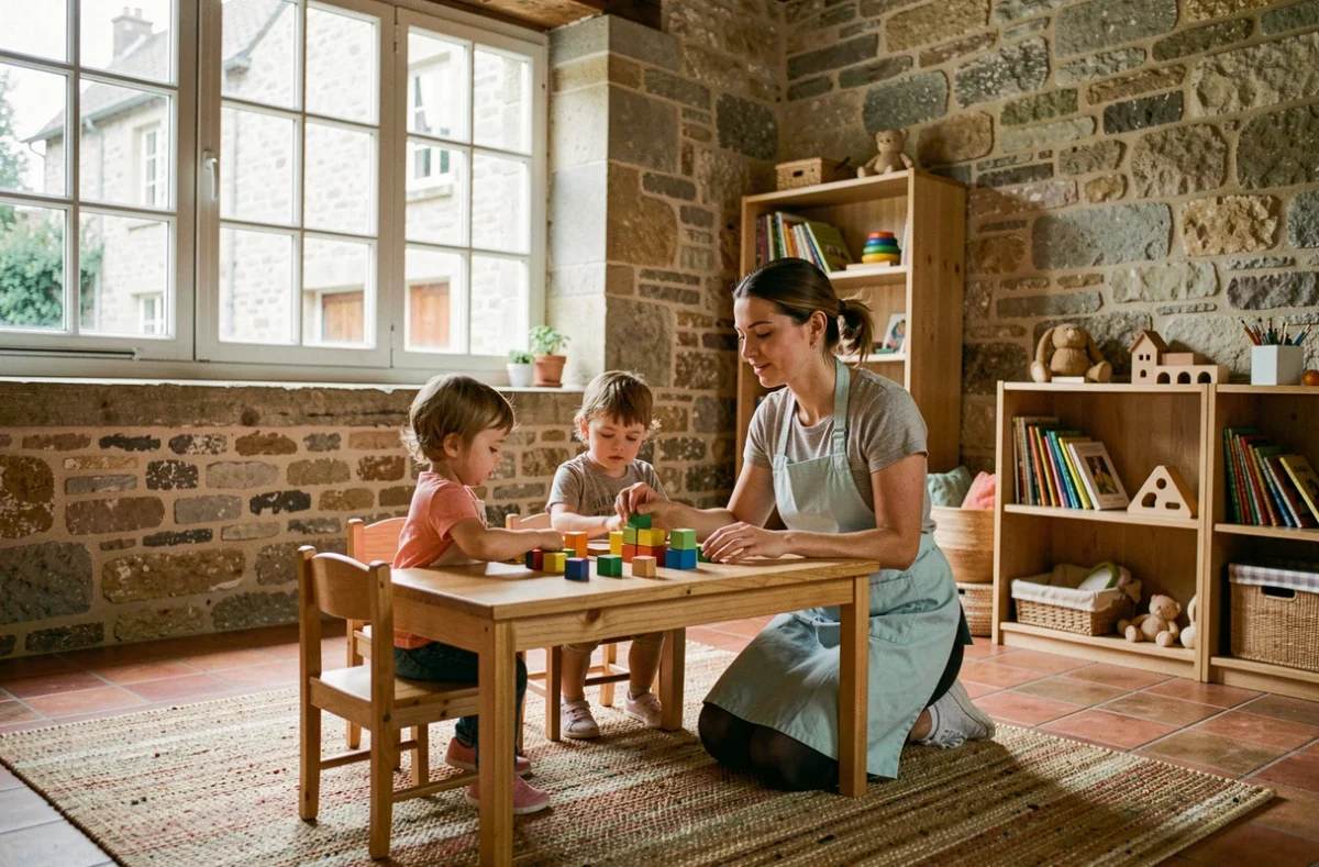 Éducatrice en crèche Bourgogne-Franche-Comté jouant avec des tout-petits dans une salle de jeux chaleureuse aux murs en pierre typiques de la région