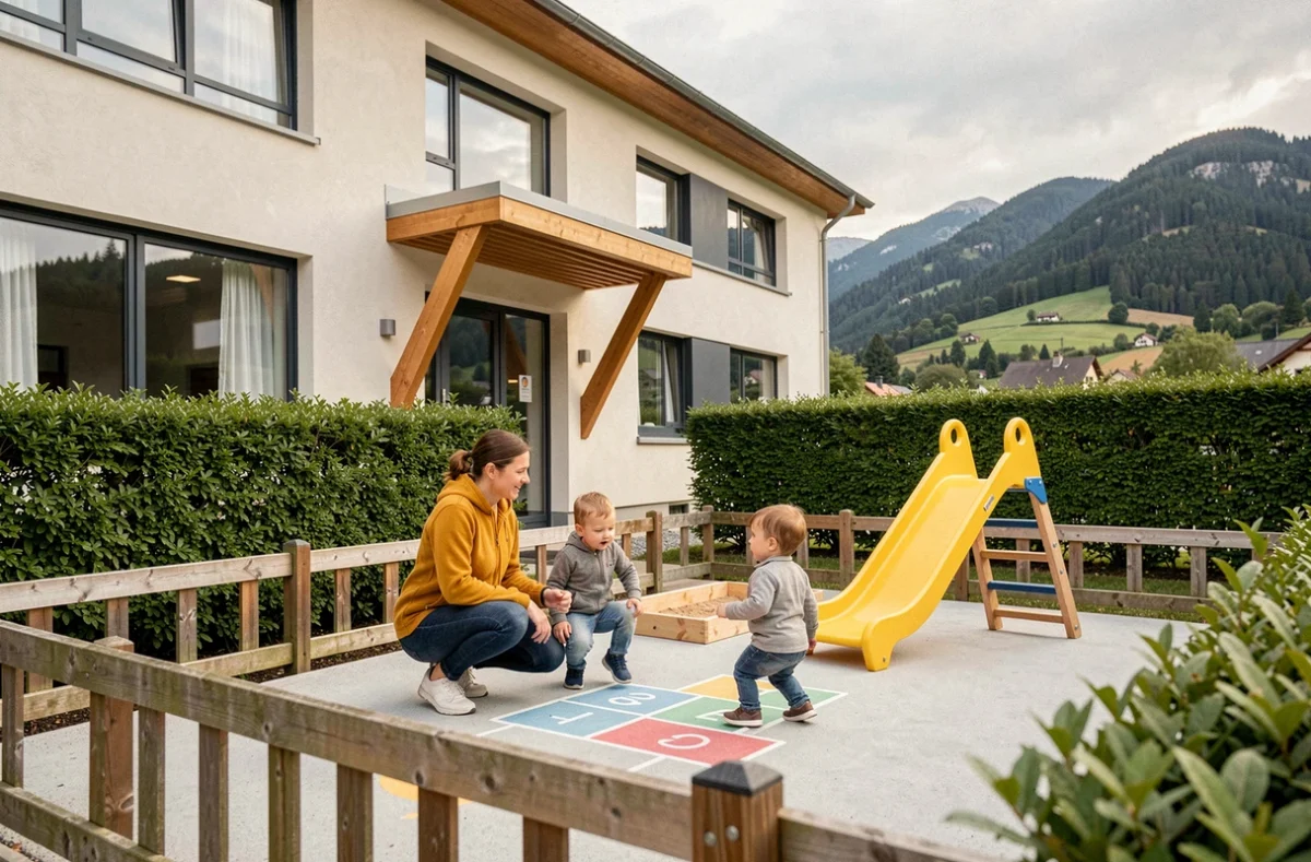 Extérieur d'une crèche moderne en Franche-Comté avec espace de jeux extérieur clôturé et vue sur les collines du Jura