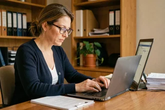 Femme concentrée déclarant un changement de situation fiscale sur son ordinateur portable à son bureau à domicile