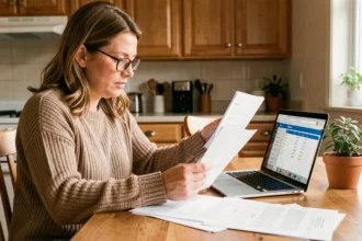 Assistante maternelle à domicile révisant des documents de déclaration de salaire sur son ordinateur portable dans une cuisine familiale
