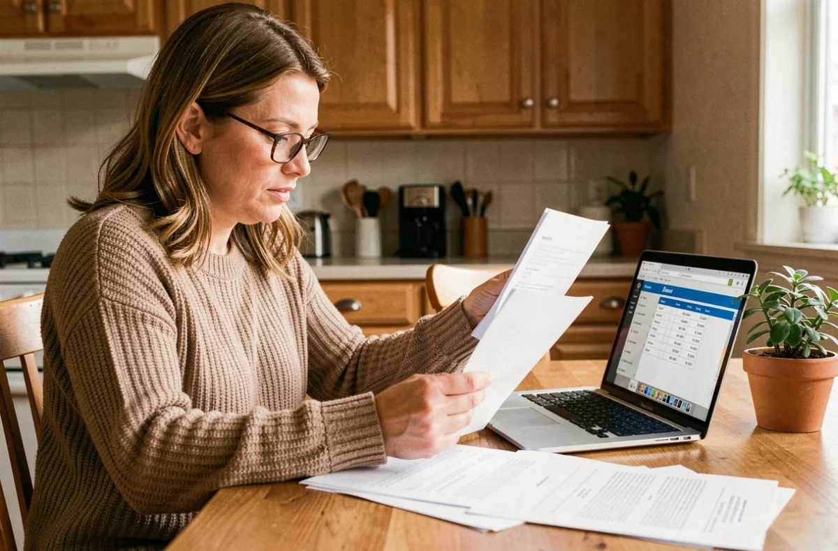 Assistante maternelle à domicile révisant des documents de déclaration de salaire sur son ordinateur portable dans une cuisine familiale