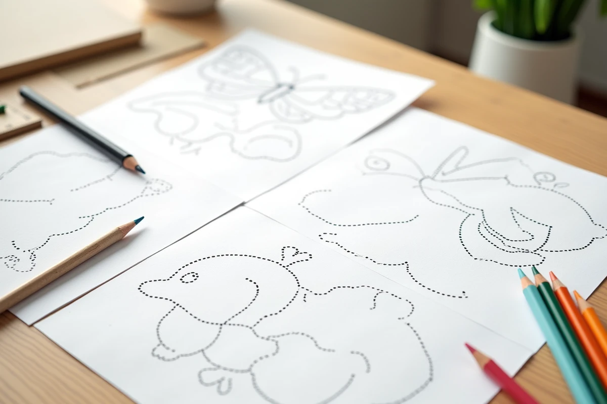 Vue de dessus de plusieurs dessins à relier d'animaux imprimés et coloriés disposés sur un bureau en bois clair avec des crayons aquarelle