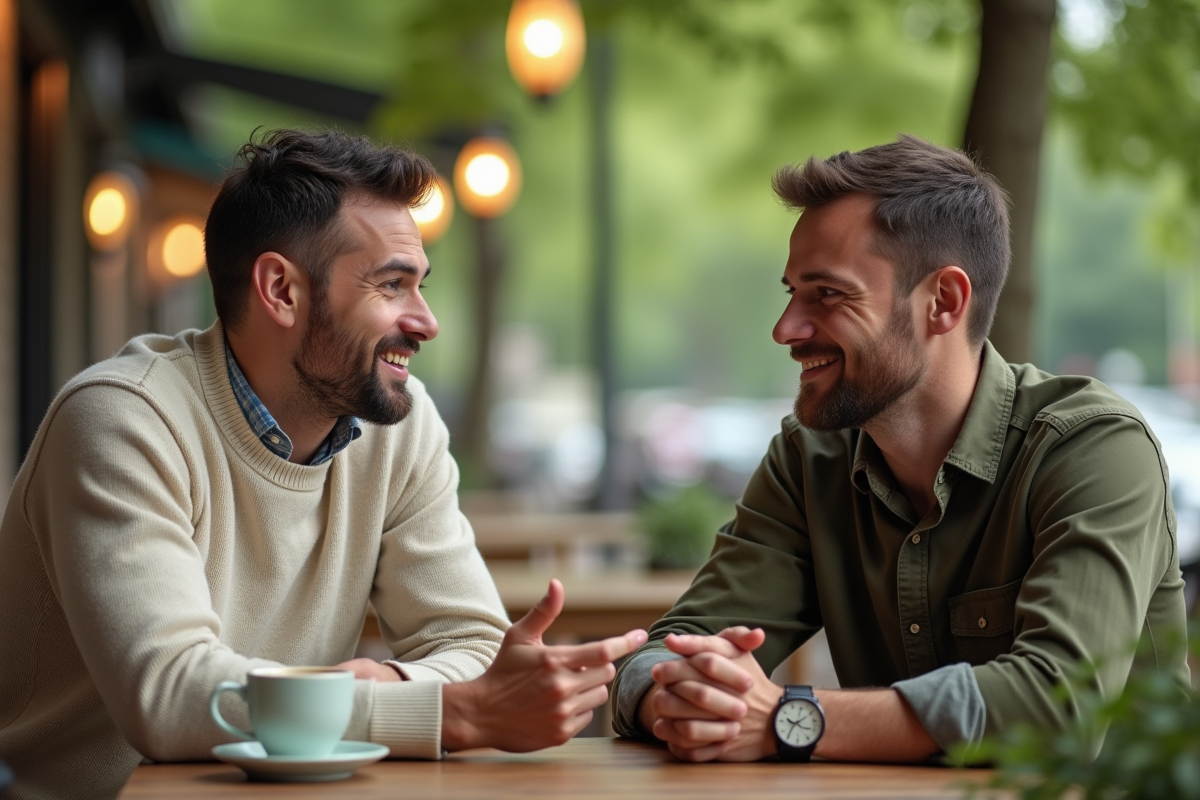 Deux hommes discutant dans un café en plein air