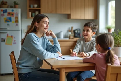 Jeune femme discutant des tarifs de garde avec un parent et un enfant