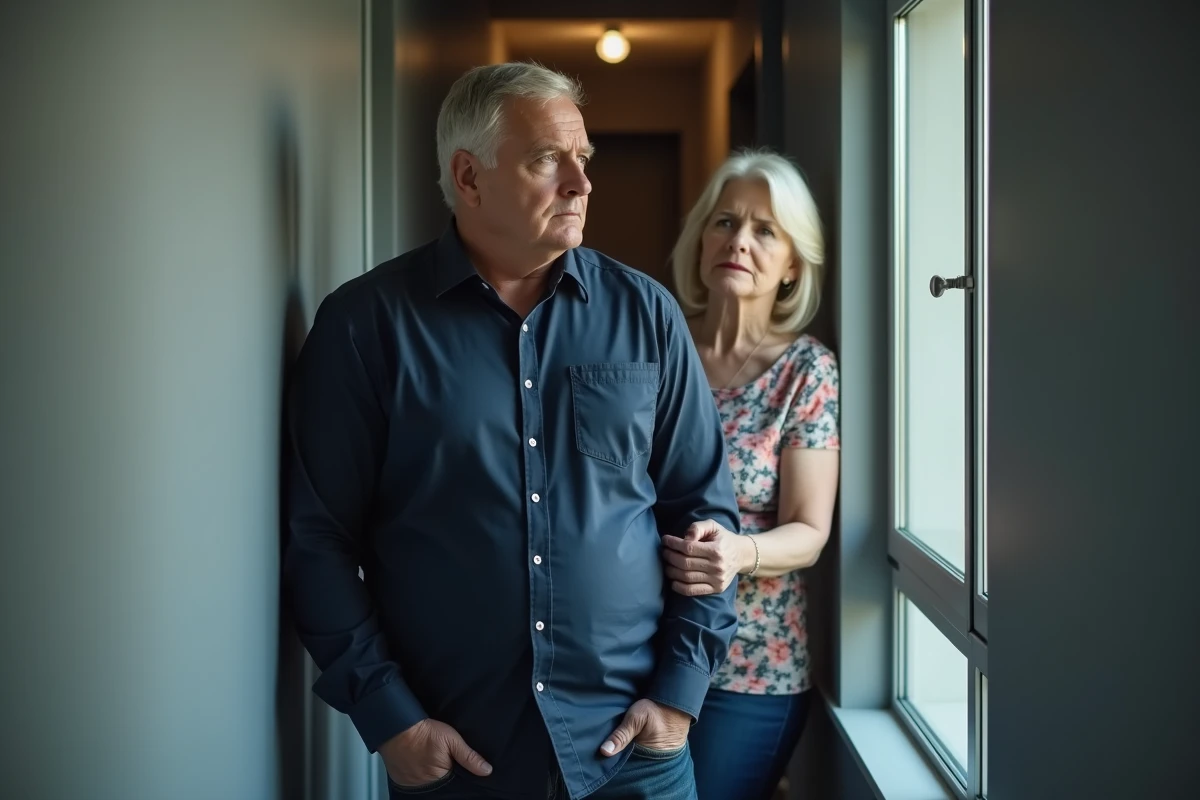 Homme adulte s'éloignant de sa mère dans un couloir d'appartement, illustrant la distance émotionnelle et les limites dans la relation parent-enfant adulte