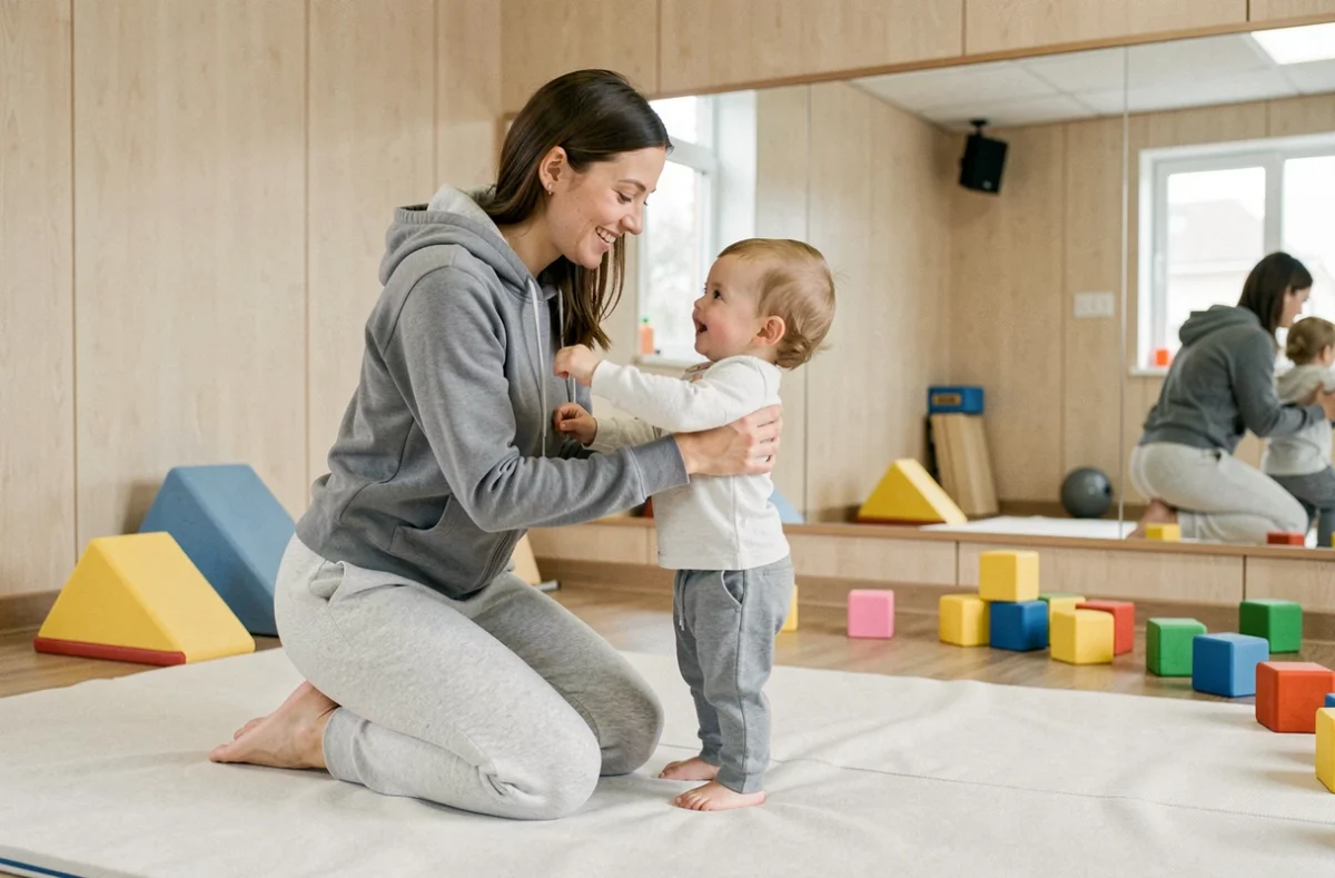 Éducatrice spécialisée aidant un bébé de 18 mois à se tenir debout sur un tapis de motricité lors d'une séance d'éveil corporel