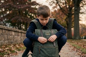 Enfant en uniforme scolaire qui boucle les sangles de son cartable solide en toile verte sur un trottoir en automne