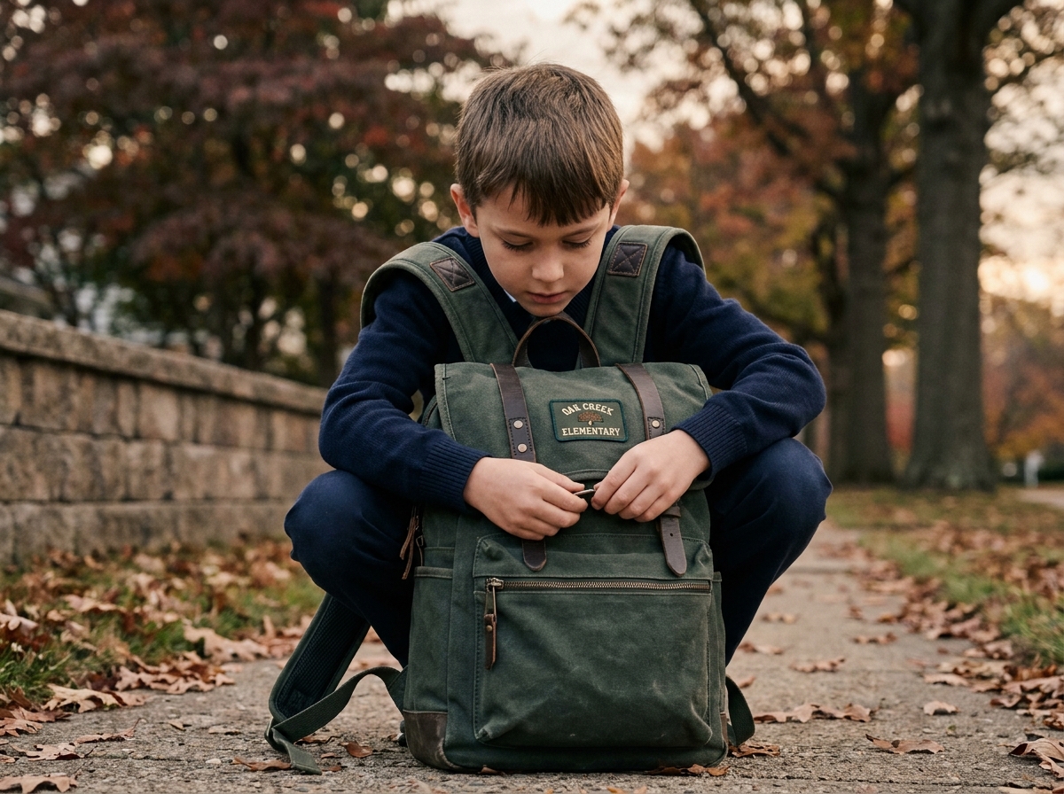 Enfant en uniforme scolaire qui boucle les sangles de son cartable solide en toile verte sur un trottoir en automne