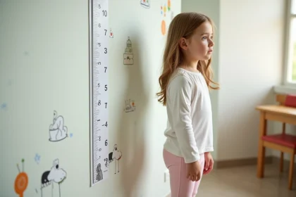 Fille de quatre ans pr&egrave;s d'un mur de croissance en cabinet p&eacute;diatrique