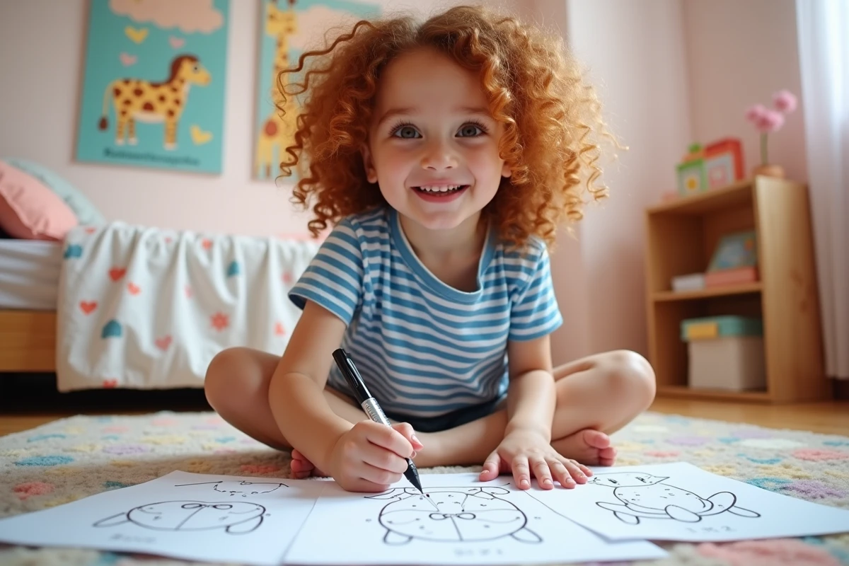 Jeune fille assise sur un tapis reliant les points numérotés d'un dessin de lion à imprimer et colorier
