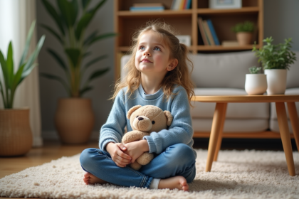 Fille de 7 ans en pull bleu et jeans dans un salon chaleureux