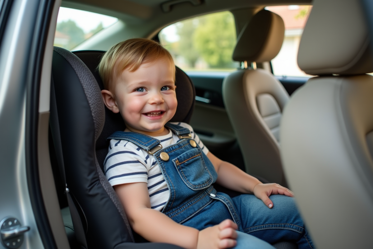 Garcon en siège auto atteignant son jouet dans la voiture