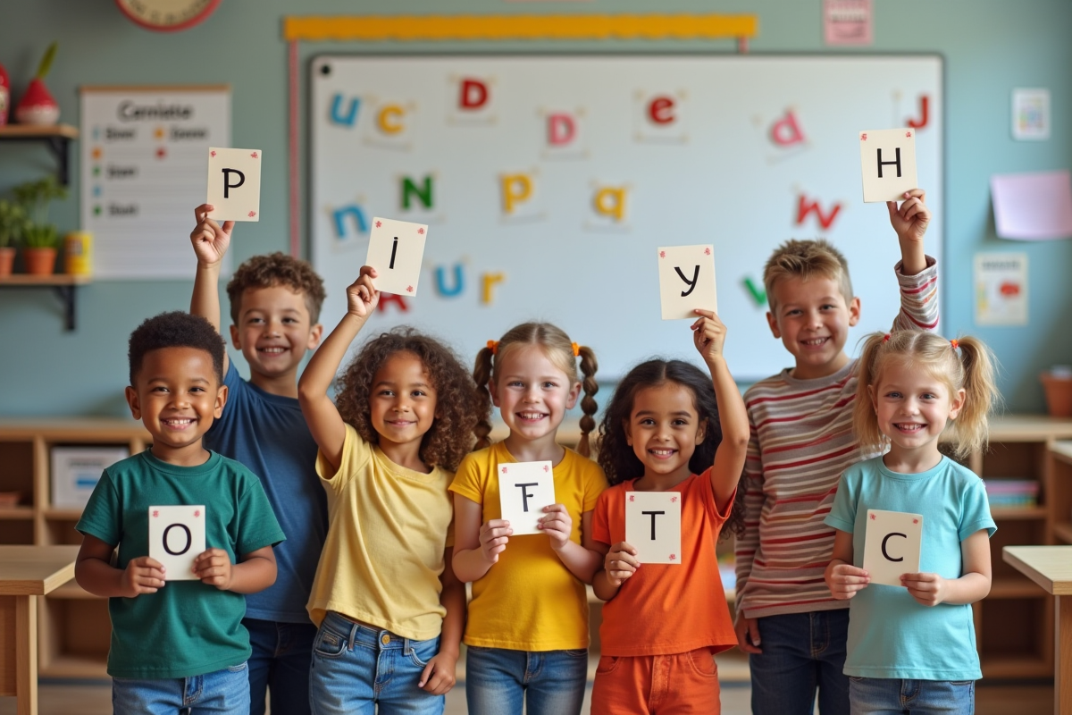 Groupe d enfants devant un tableau avec lettres magnétiques en classe