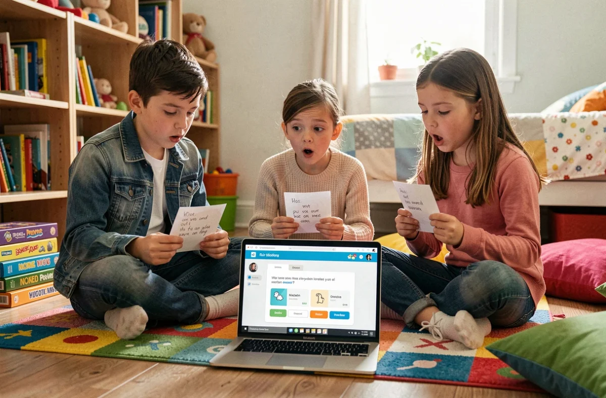 Enfants jouant à un blind test maison sur ordinateur portable avec des cartes réponses dans une chambre colorée