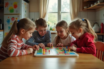Groupe d'enfants concentrés autour d'un jeu de société touche touche pas à table