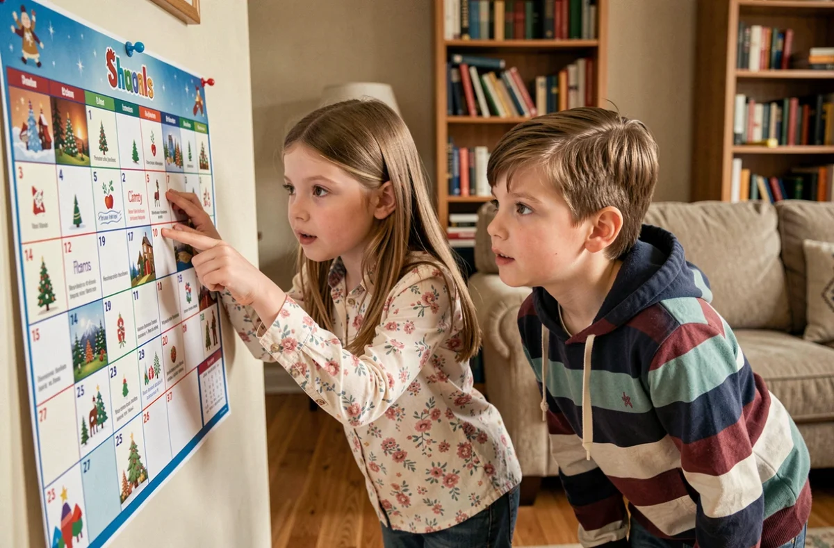 Deux enfants regardant le calendrier des vacances scolaires 2025 2026 affiché dans le salon familial