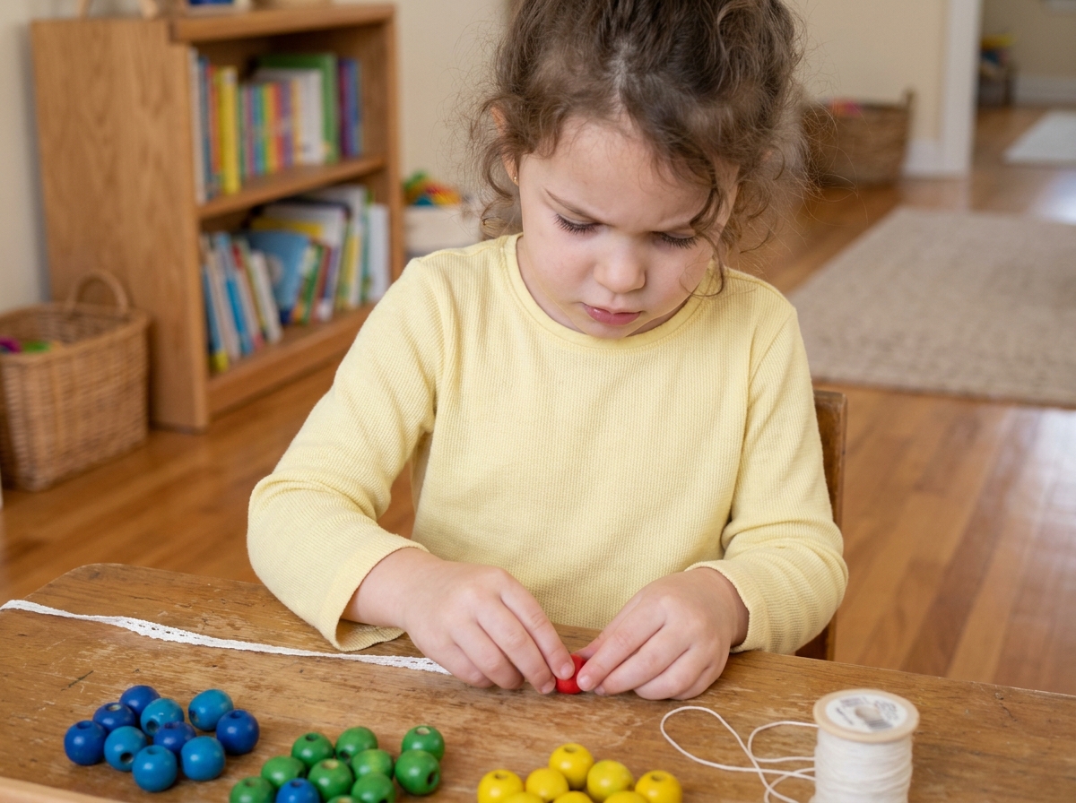 Petite fille de 5 ans qui enfile des perles colorées en bois pour développer sa motricité fine