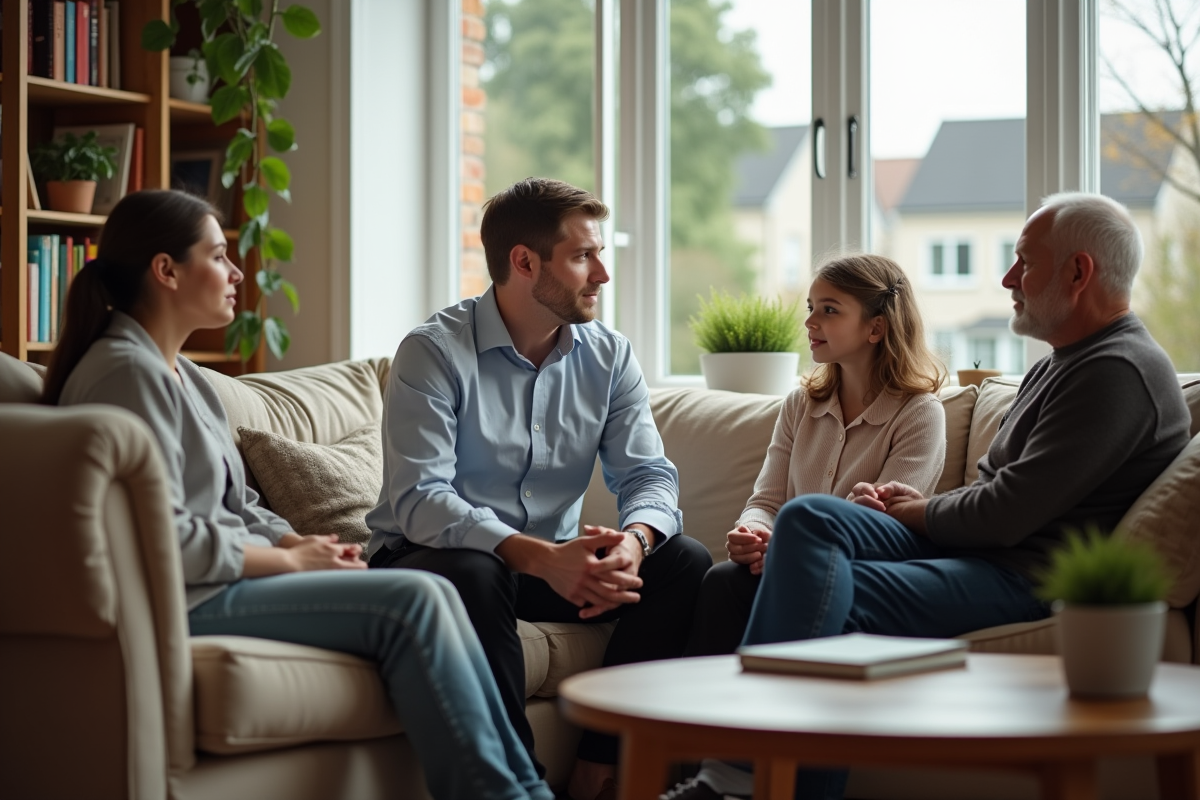 Travailleur social avec famille dans un salon chaleureux