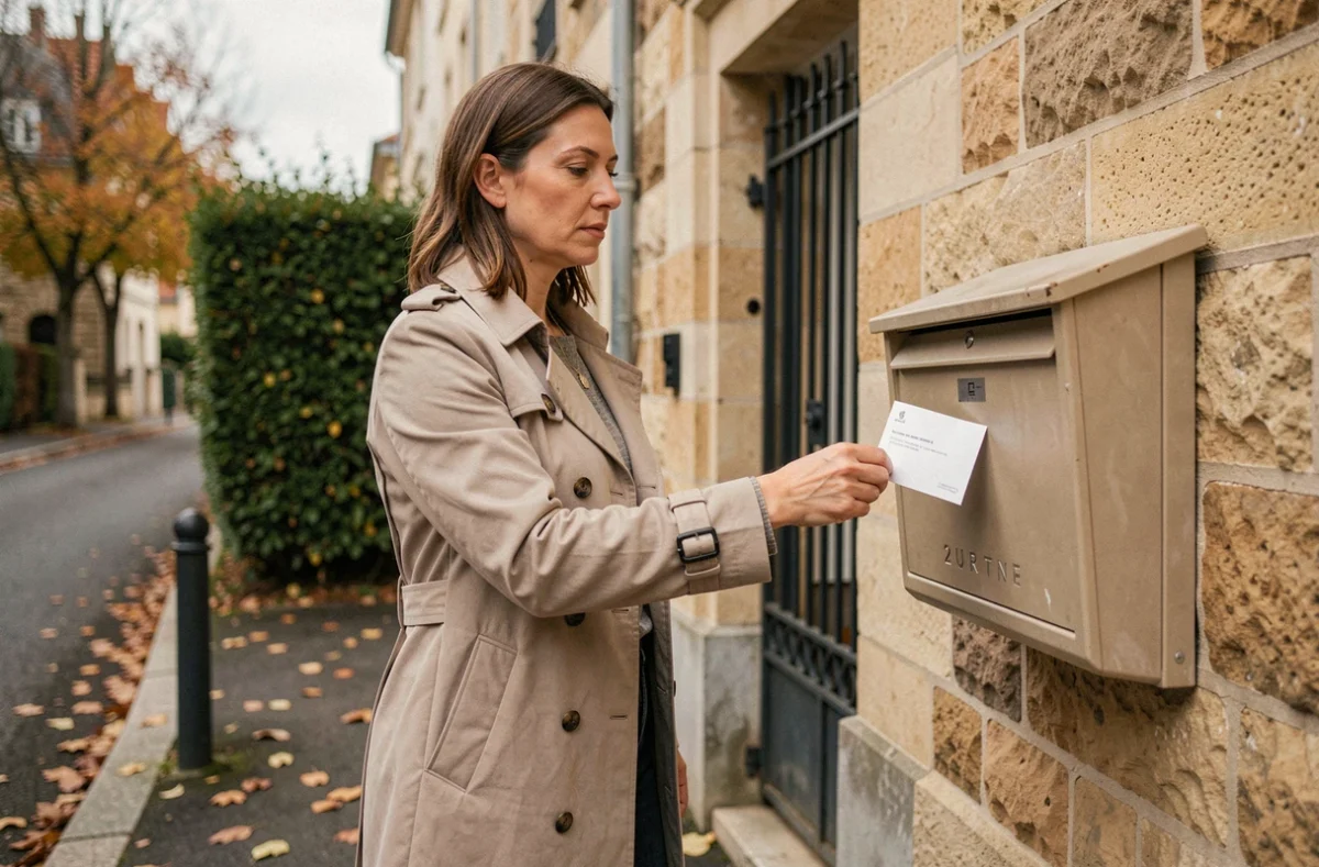 Femme déposant une lettre de préavis dans une boîte aux lettres devant une maison en pierre