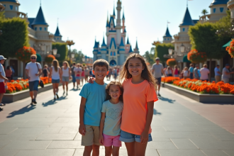Famille souriante devant le château de Cendrillon