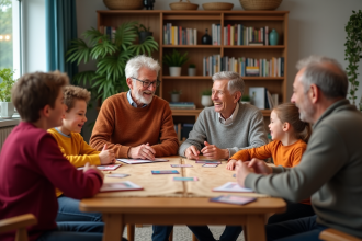 Famille multigenerational jouant aux 20 questions dans le salon