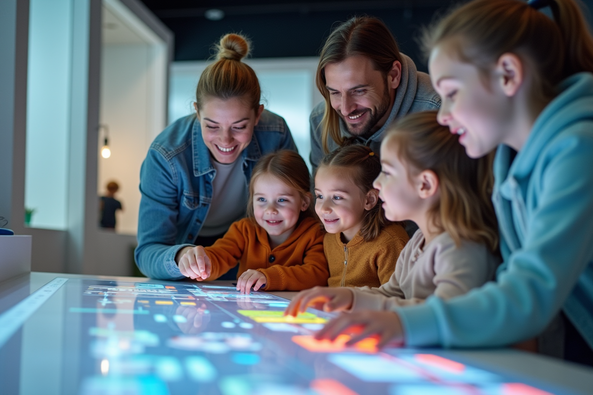 Famille explore une exposition scientifique dans un musée moderne