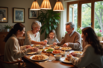 Famille multigenerational partageant un repas convivial