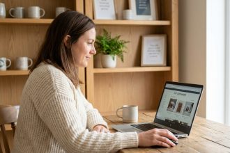 Femme consultant un site de cadeaux personnalisés sur son ordinateur portable depuis son bureau à domicile