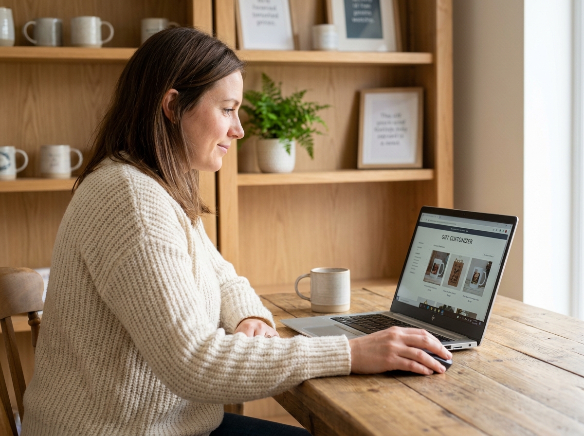Femme consultant un site de cadeaux personnalisés sur son ordinateur portable depuis son bureau à domicile