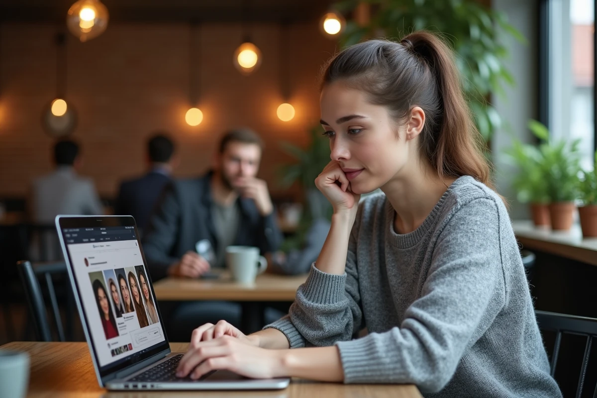 Une femme analyse des publications virales sur les réseaux sociaux concernant de fausses rumeurs autour du chanteur Mike Brant sur son ordinateur portable dans un café