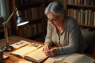 Femme consultant des archives familiales et photographies anciennes pour débuter sa recherche généalogique