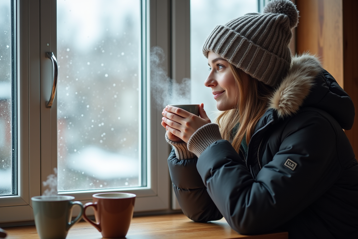 Jeune femme buvant chocolat chaud près de la fenêtre enneigée