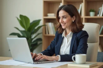 Femme d'âge moyen travaillant sur son ordinateur dans un bureau calme