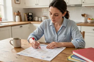 Femme marquant les vacances scolaires 2025 2026 sur un calendrier imprimé posé sur une table en bois