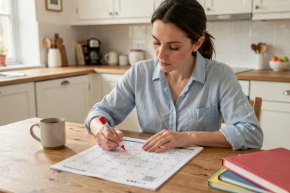 Femme marquant les vacances scolaires 2025 2026 sur un calendrier imprimé posé sur une table en bois