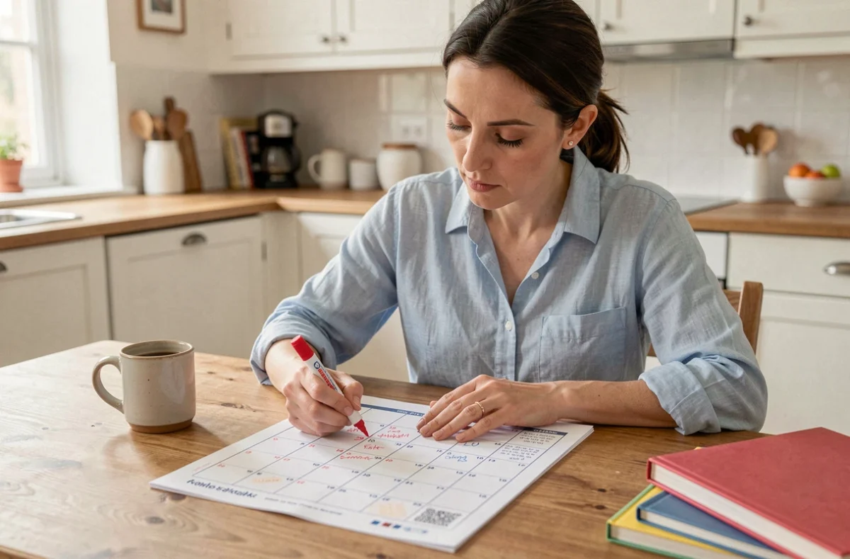 Femme marquant les vacances scolaires 2025 2026 sur un calendrier imprimé posé sur une table en bois