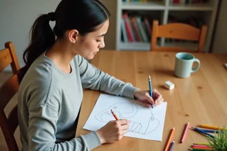 Femme adulte coloriant un dessin à relier d'un éléphant imprimé sur papier, avec des crayons de couleur sur une table en bois
