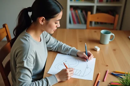 Femme adulte coloriant un dessin à relier d'un éléphant imprimé sur papier, avec des crayons de couleur sur une table en bois