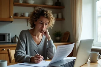 Femme examinant des documents de divorce juridiques sur internet avec inquiétude, pièges juridiques du divorce en ligne
