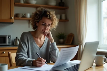 Femme examinant des documents de divorce juridiques sur internet avec inquiétude, pièges juridiques du divorce en ligne