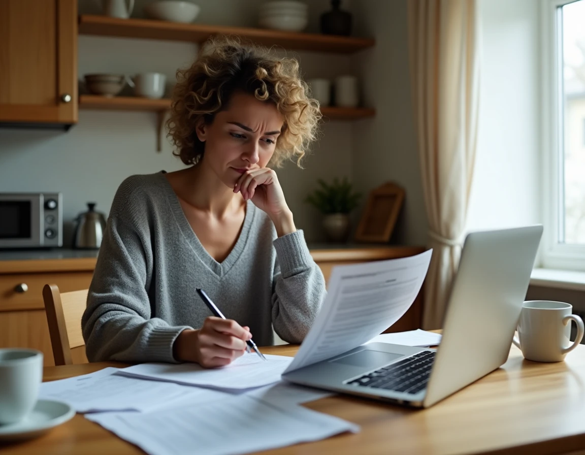 Femme examinant des documents de divorce juridiques sur internet avec inquiétude, pièges juridiques du divorce en ligne