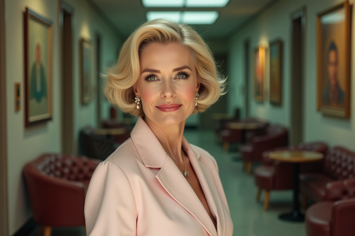 Femme élégante aux cheveux blonds courts en couloir de studio télévision avec affiches vintage, personnalité emblématique