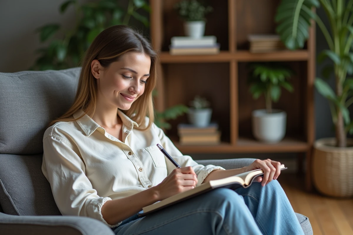 Femme assise dans un salon cosy en train de journaliser